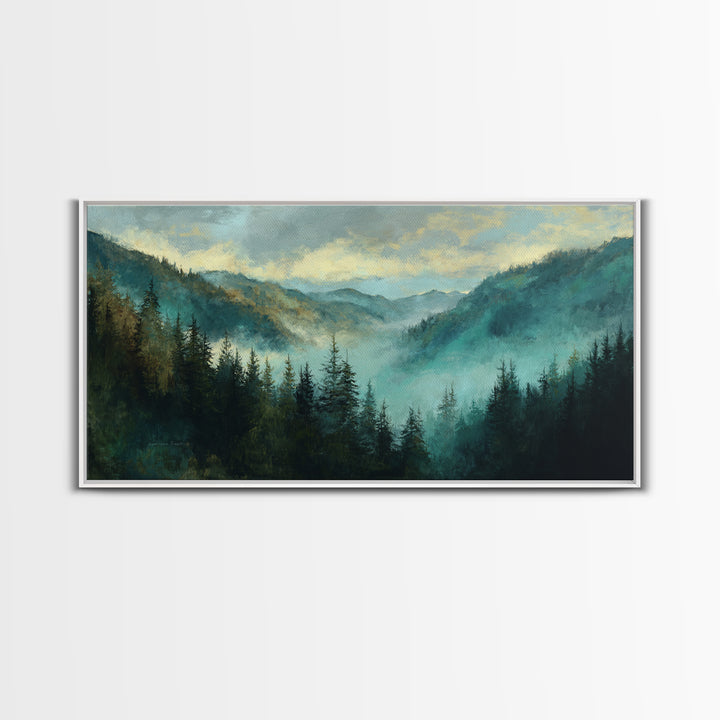 Waterfall Hidden in Dense Forest Framed Canvas Print, Landscape Art, Living Room Decor, Oil Painting, Horizon, Modern Art, LAN-2x1-80