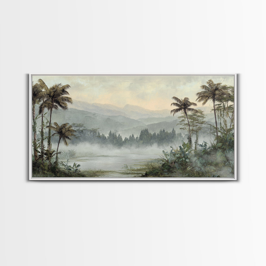 Tropical Jungle Waterfall Framed Canvas Print, Landscape Art, Abstract Wall Art, Living Room Decor, Fine Art, Horizon, LAN-2x1-84