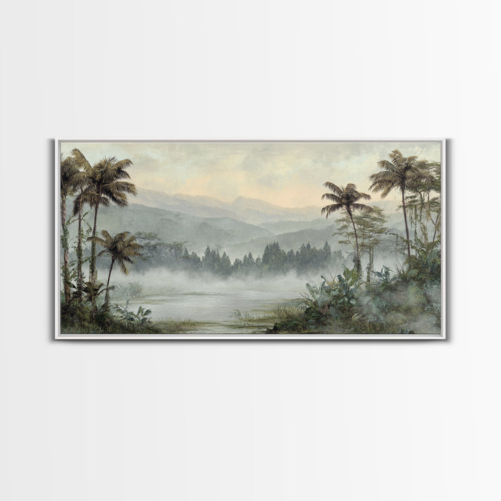 Tropical Jungle Waterfall Framed Canvas Print, Landscape Art, Abstract Wall Art, Living Room Decor, Fine Art, Horizon, LAN-2x1-84