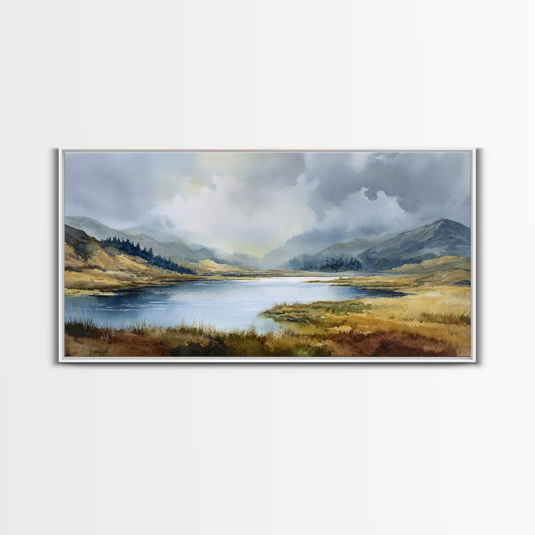 Rocky Scottish Highland Framed Canvas Print, Landscape Art, Farmhouse Decor, Living Room Decor, Horizon, Floral Wall Art, LAN-2x1-85