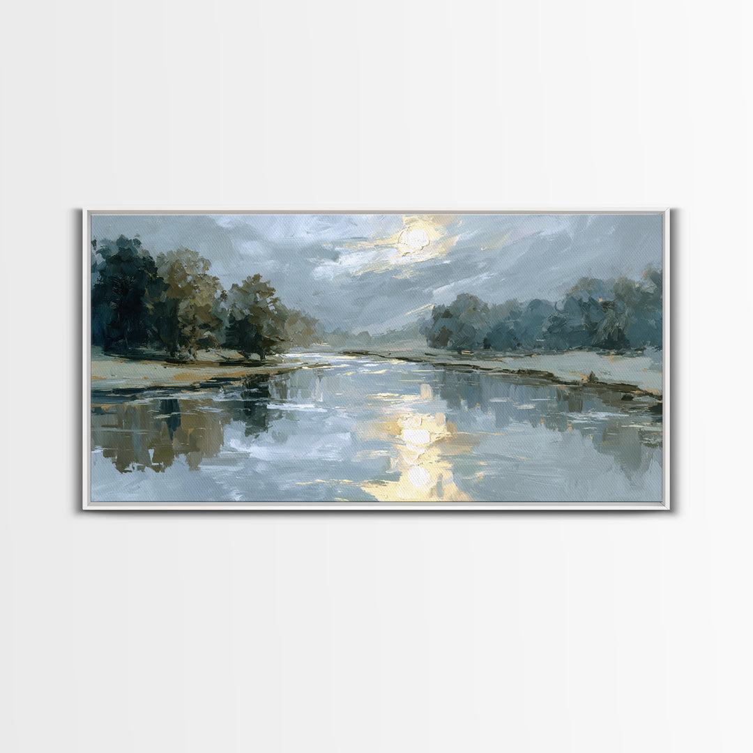 Moonlit River with Silver Reflections Canvas Print, Landscape Art, Living Room Decor, Oil Painting, Horizon, Modern Art, LAN-2x1-89