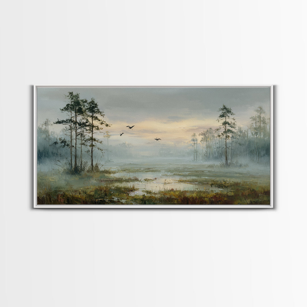 Misty Cypress Swamp Framed Canvas Print, Landscape Art, Digital Art, Living Room Decor, Fine Art, Horizon, Boho Wall Art, LAN-2x1-90