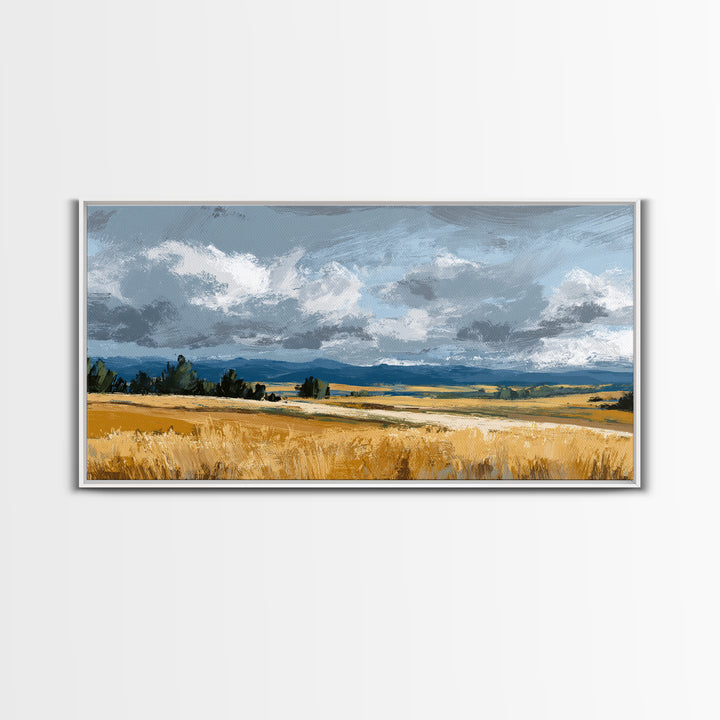 Golden Wheat Field Beneath Huge Clouds Framed Canvas Print, Landscape Art, Digital Print, Living Room Decor, Fine Art, Horizon, LAN-2x1-92