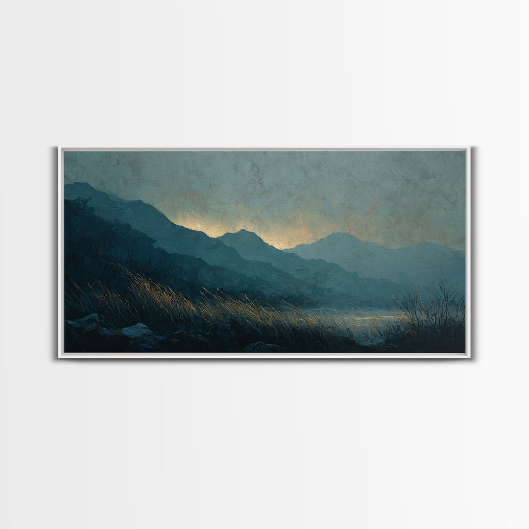 Misty Mountain Valley at Sunrise Canvas Print, Landscape Art, Abstract Wall Art, Living Room Decor, Fine Art, Horizon, LAN-2x1-93