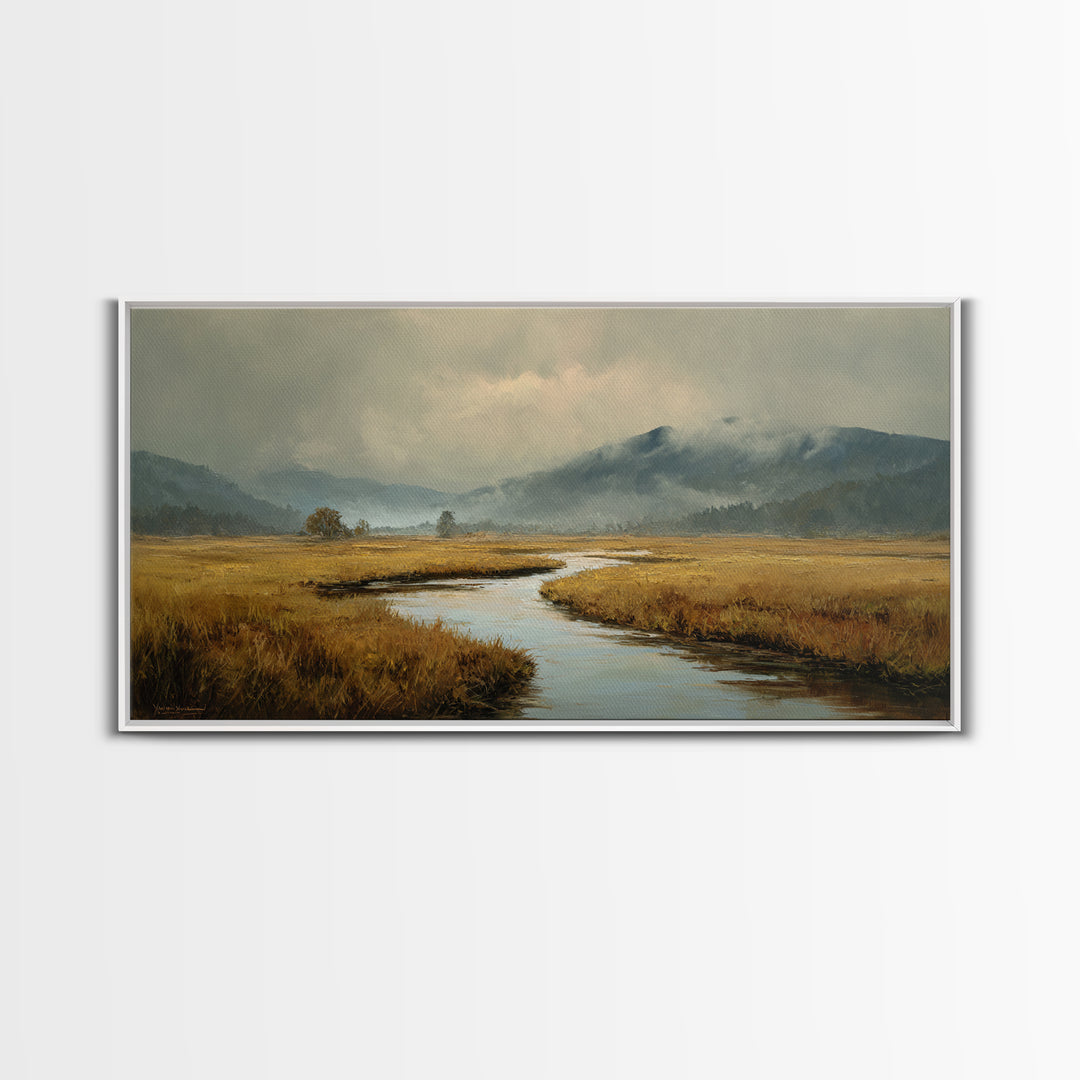 Winding River Through Golden Fields Canvas Print, Landscape Art, Printable Wall Art, Living Room Decor, Oil Painting, Horizon, LAN-2x1-94