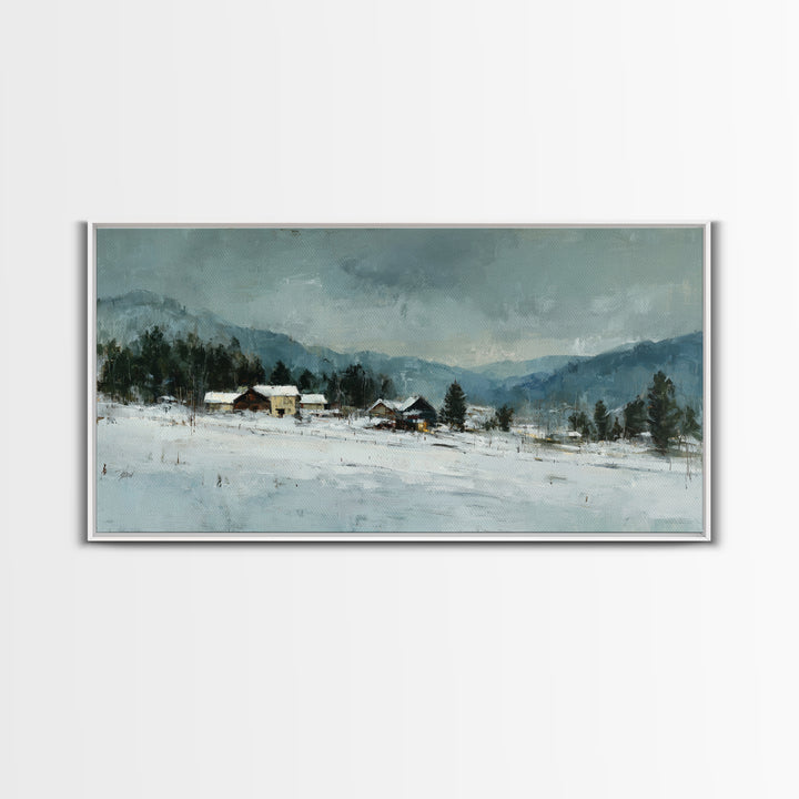 Snow Covered Alpine Village at Dusk Framed Canvas Print, Landscape Art, Abstract Wall Art, Living Room Decor, Fine Art, Horizon, LAN-2x1-99