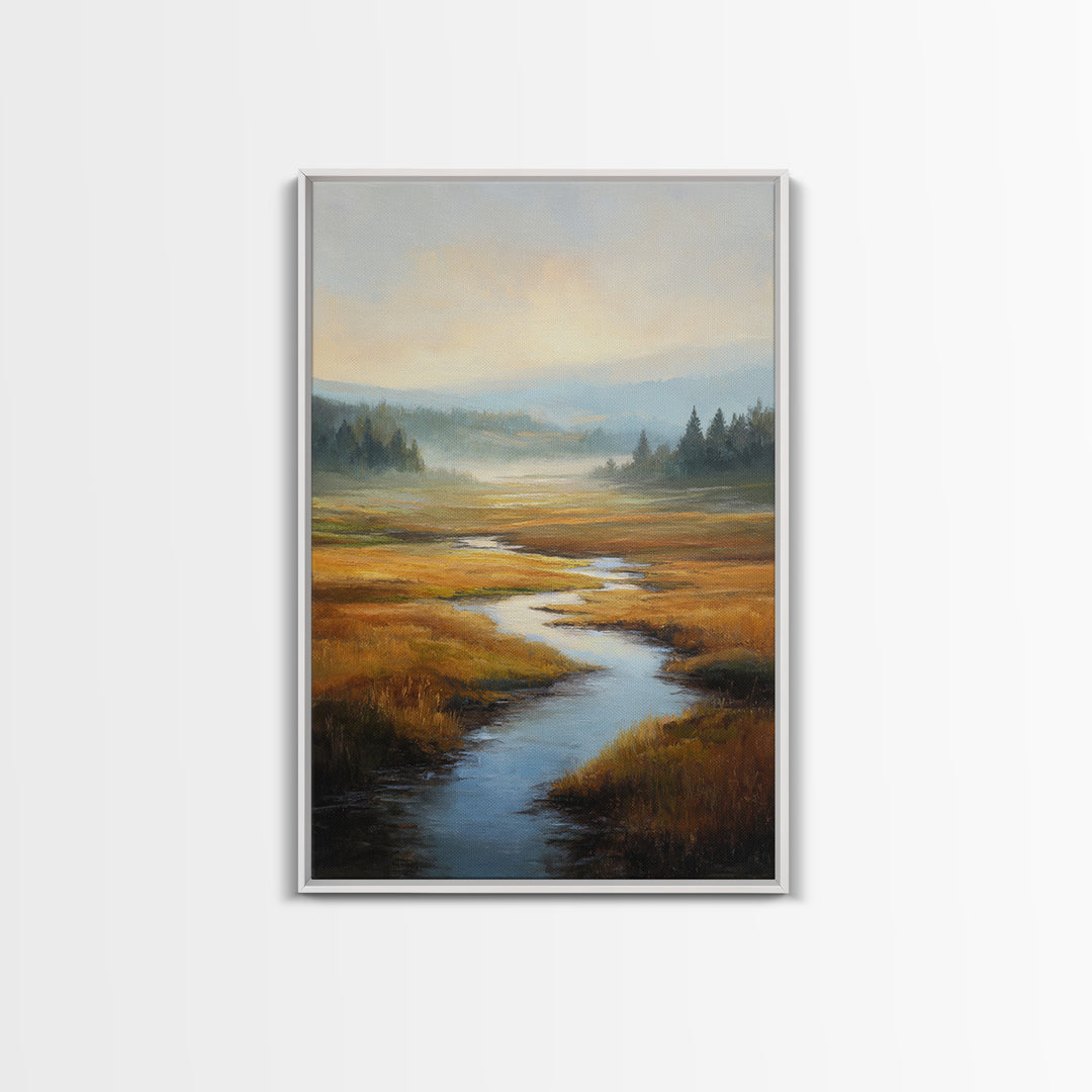 Winding River Through Golden Fields Canvas Print, Landscape Art, Contemporary Art, Living Room Decor, Fine Art, Horizon, LAN-2x3-10
