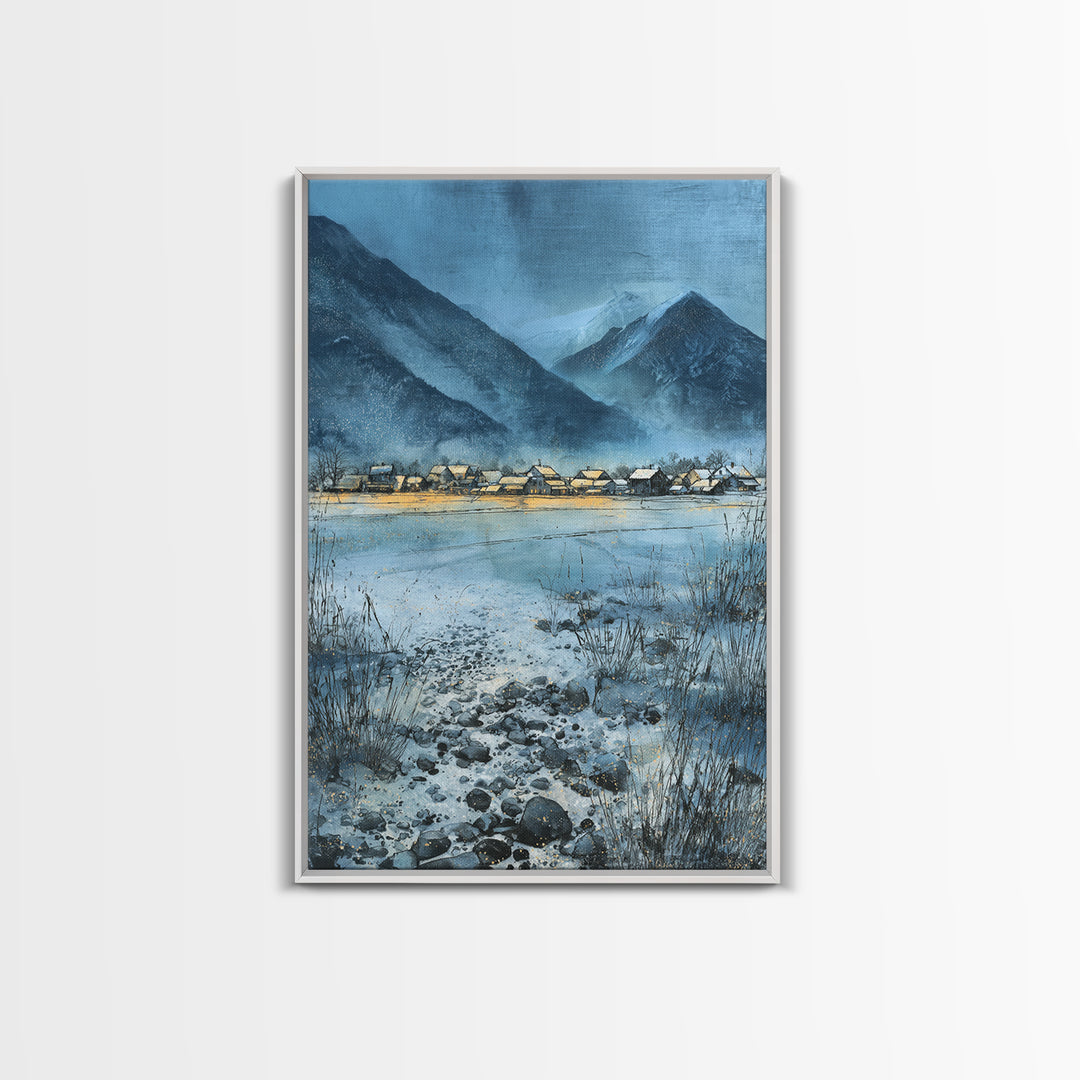 Snow Covered Alpine Village at Dusk Canvas Print, Landscape Art, Minimalist Decor, Living Room Decor, Oil Painting, Horizon, LAN-2x3-15