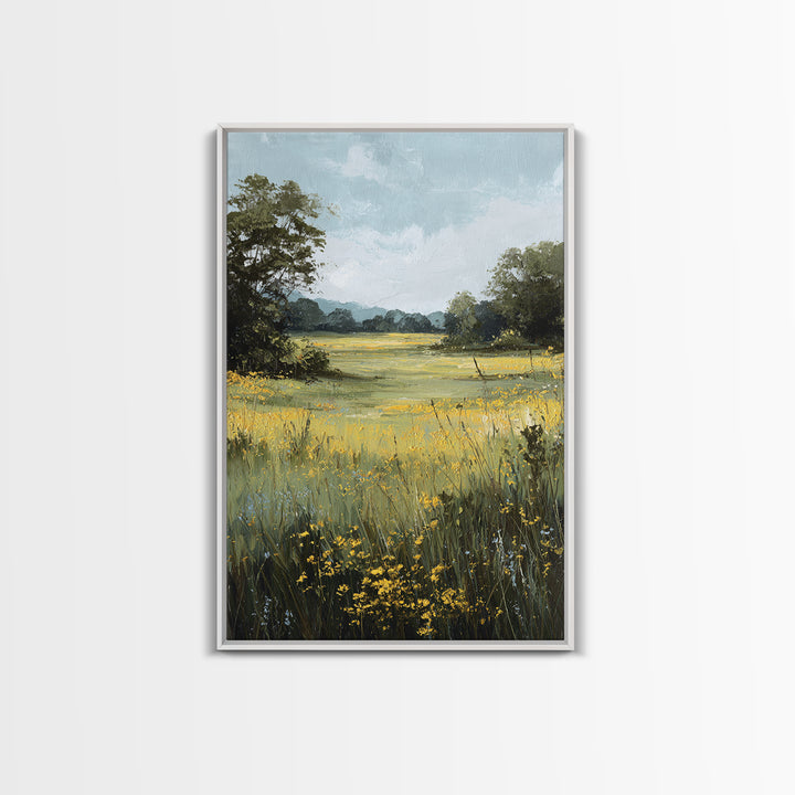 Sunlit Meadow with Wildflowers Framed Canvas Print, Landscape Art, Digital Art, Living Room Decor, Fine Art, Horizon, LAN-2x3-21