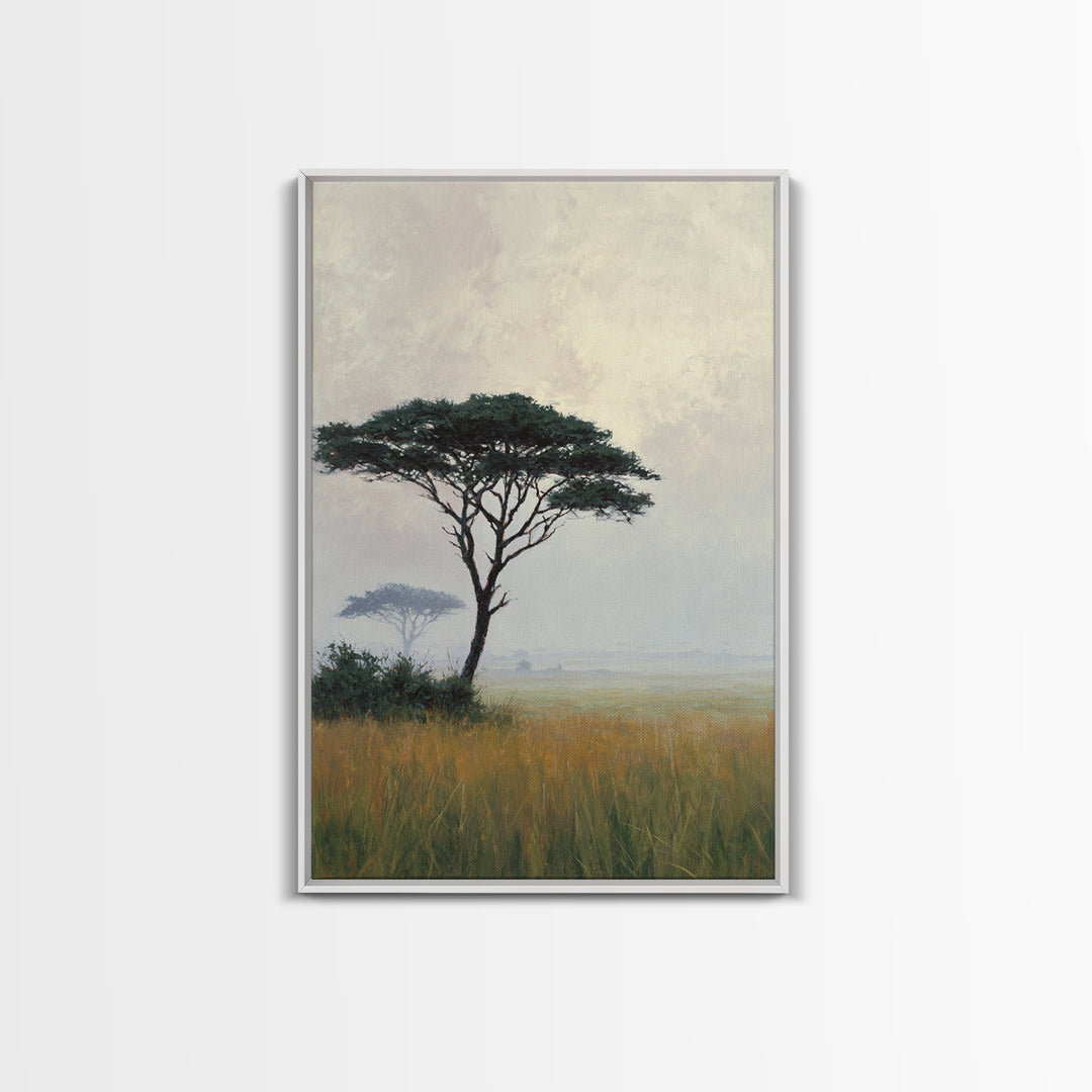 Wide Savanna with Acacia Silhouette Framed Canvas Print, Landscape Art, Room Decor, Living Room Decor, Fine Art, Horizon, LAN-2x3-3