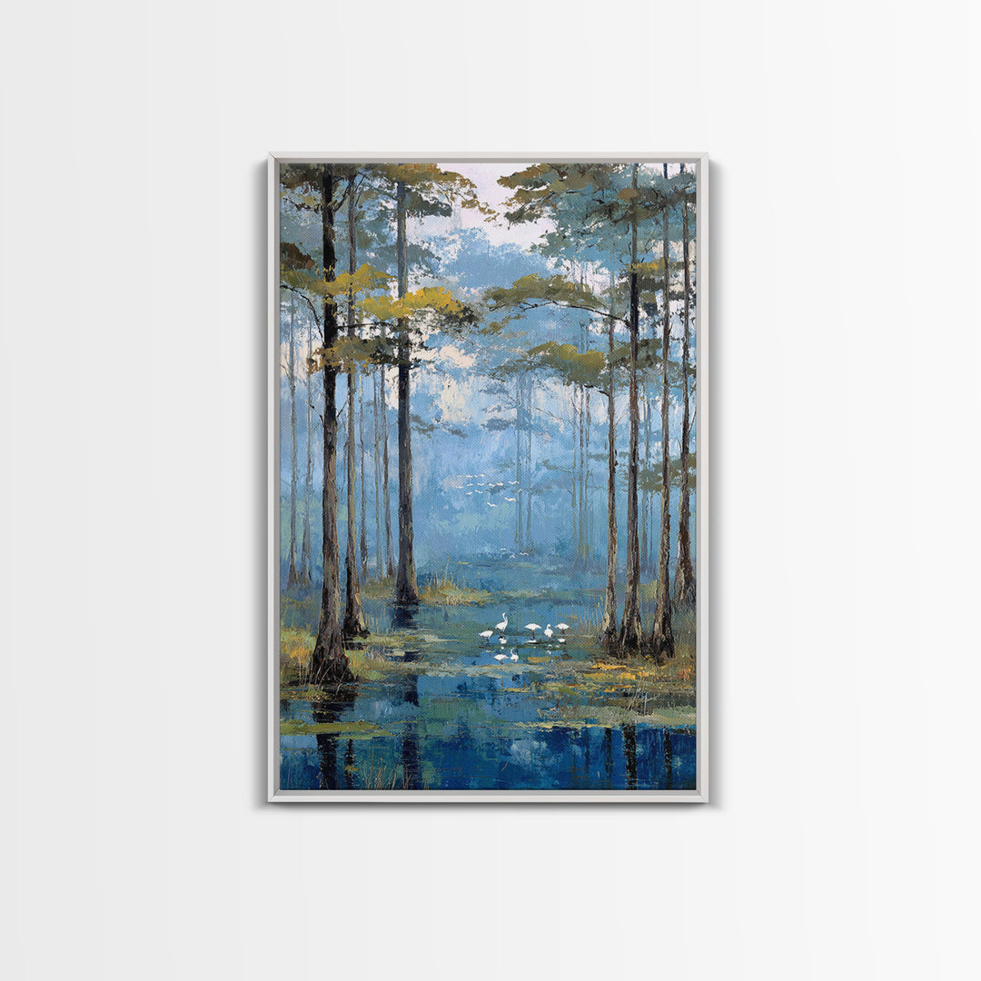 Misty Cypress Swamp Framed Canvas Print, Landscape Art, Minimalist Decor, Living Room Decor, Oil Painting, Horizon, LAN-2x3-30