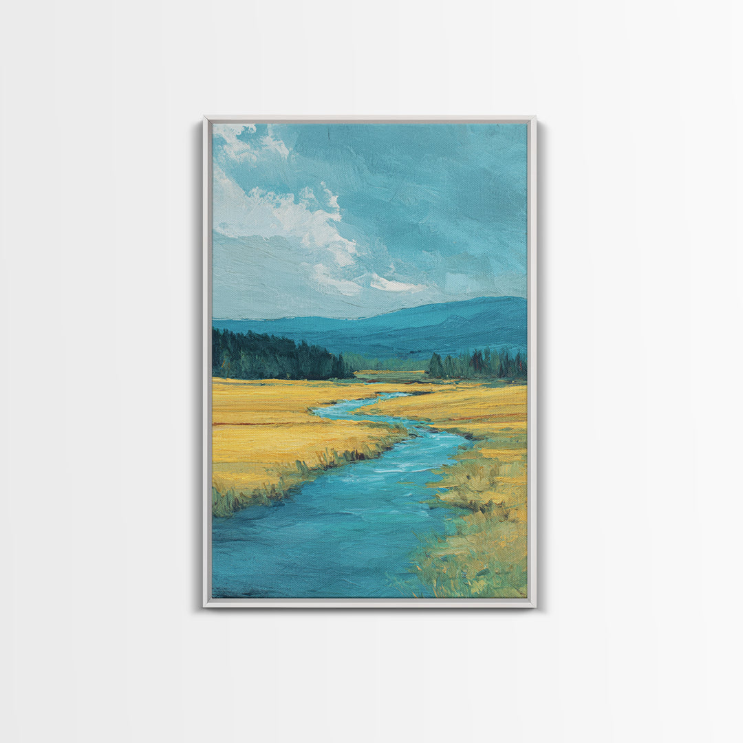 Winding River Through Golden Fields Framed Canvas Print, Landscape Art, Art Prints, Living Room Decor, Fine Art, Horizon, LAN-2x3-34