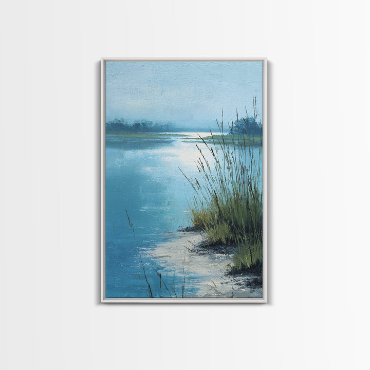 Moonlit River with Silver Reflections Canvas Print, Landscape Art, Original Painting, Living Room Decor, Fine Art, Horizon, LAN-2x3-5