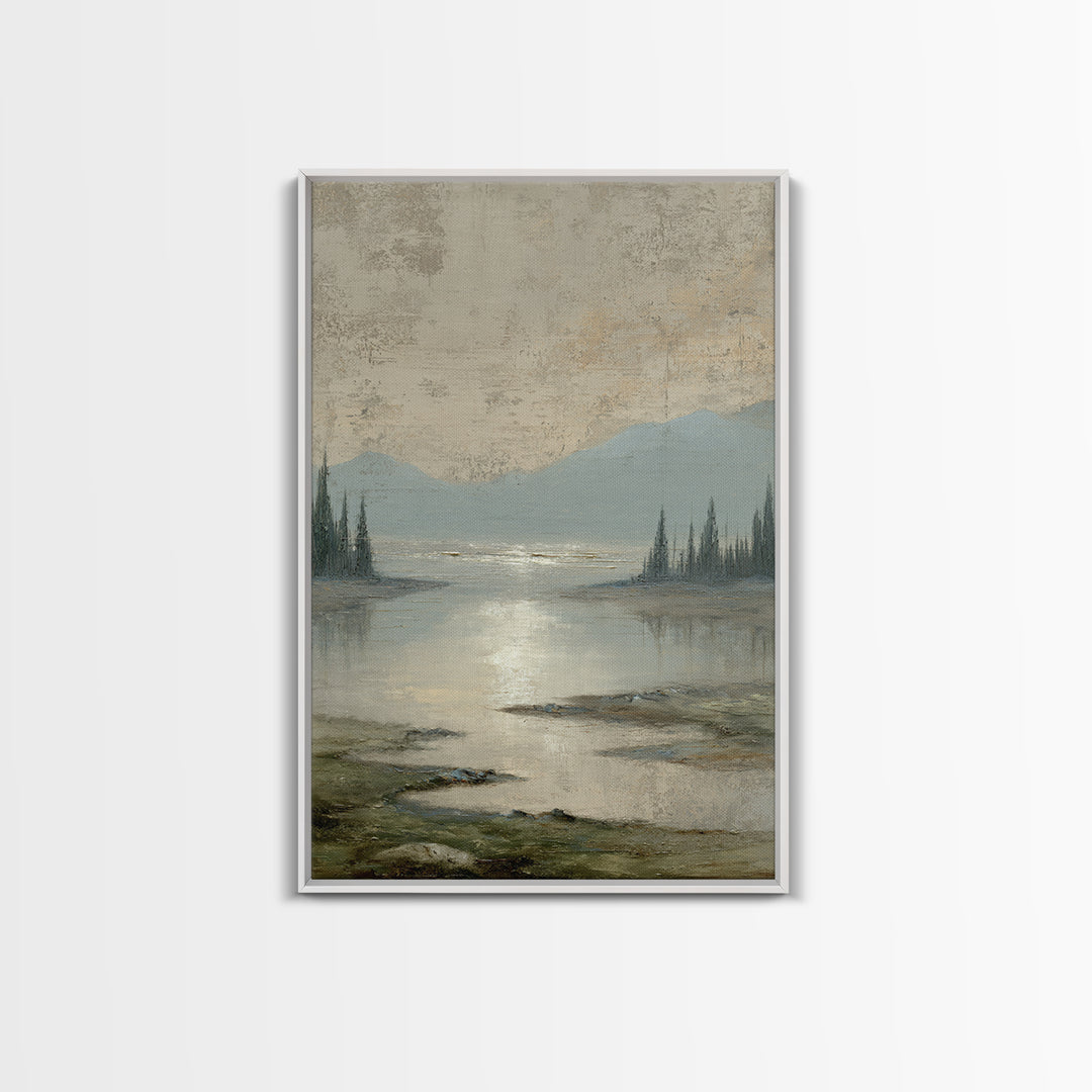 Moonlit River with Silver Reflections Framed Canvas Print, Landscape Art, Digital Print, Living Room Decor, Fine Art, Horizon, LAN-2x3-53