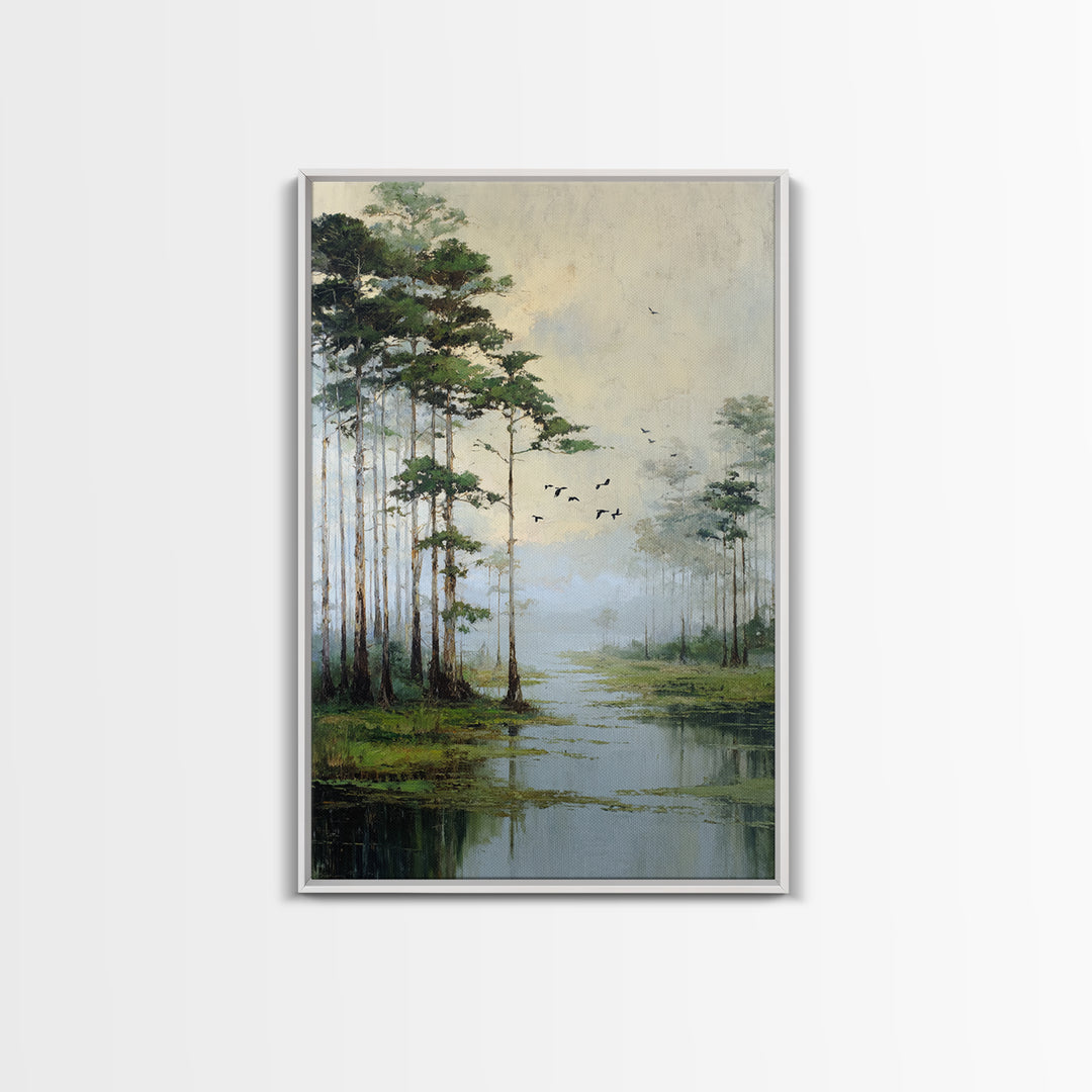 Misty Cypress Swamp Framed Canvas Print, Landscape Art, Minimalist Decor, Living Room Decor, Oil Painting, Horizon, LAN-2x3-6