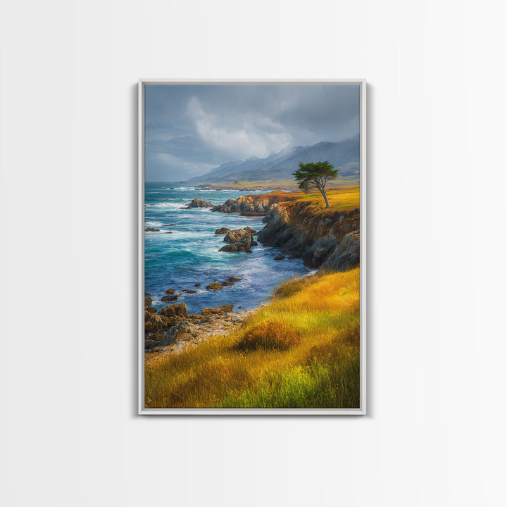 Coastal Cliffs with Crashing Waves Framed Canvas Print, Landscape Art, Art Prints, Living Room Decor, Fine Art, Horizon, LAN-2x3-64