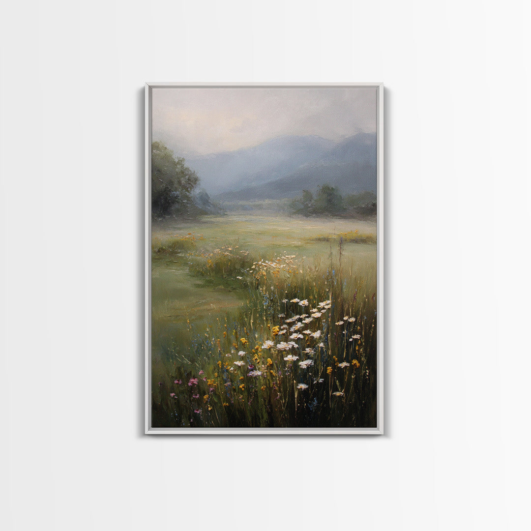 Sunlit Meadow with Wildflowers Framed Canvas Print, Landscape Art, Abstract Wall Art, Living Room Decor, Watercolor Art, LAN-2x3-69