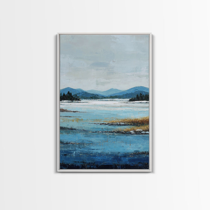 Fjord Landscape with Icy Blue Water Canvas Print, Landscape Art, Living Room Decor, Oil Painting, Horizon, Modern Art, LAN-2x3-71