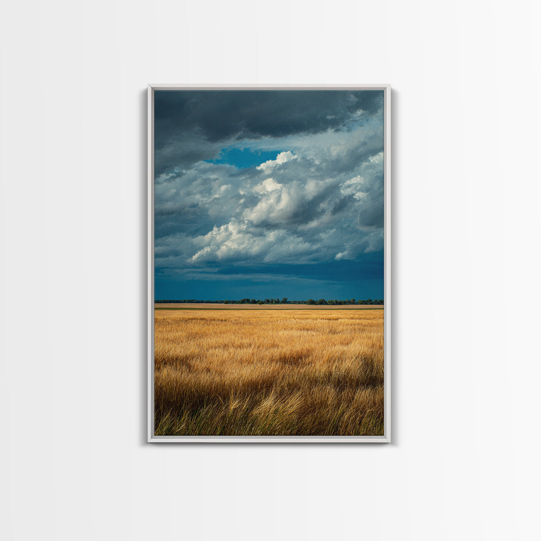 Golden Wheat Field Beneath Huge Clouds Framed Canvas Print, Landscape Art, Floral Wall Art, Living Room Decor, Horizon, LAN-2x3-8