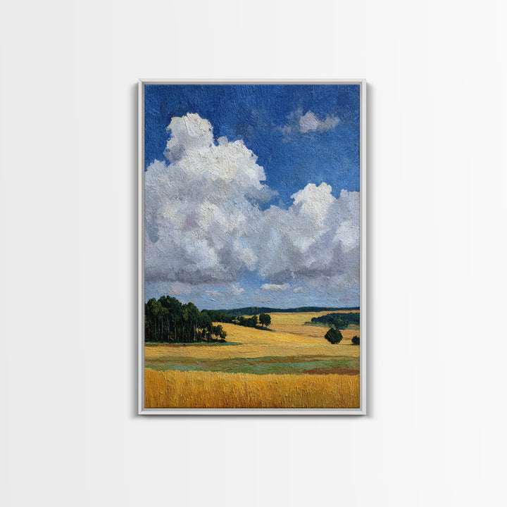 Golden Wheat Field Beneath Huge Clouds Framed Canvas Print, Landscape Art, Original Painting, Living Room Decor, Horizon, LAN-2x3-80