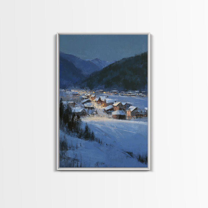Snow Covered Alpine Village at Dusk Framed Canvas Print, Landscape Art, Living Room Wall Art, Living Room Decor, Oil Painting, LAN-2x3-87