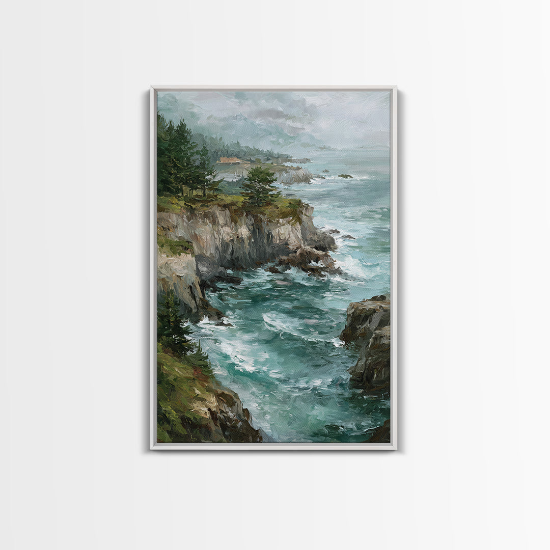 Coastal Cliffs with Crashing Waves Framed Canvas Print, Landscape Art, Farmhouse Decor, Living Room Decor, Fine Art, Horizon, LAN-2x3-88