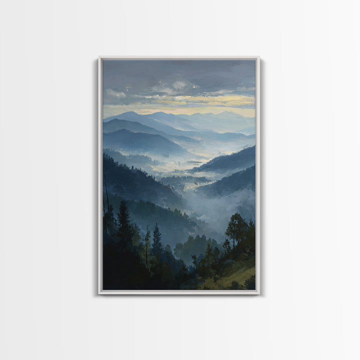 Misty Mountain Valley at Sunrise Canvas Print, Landscape Art, Digital Wall Art, Living Room Decor, Fine Art, Horizon, LAN-2x3-9