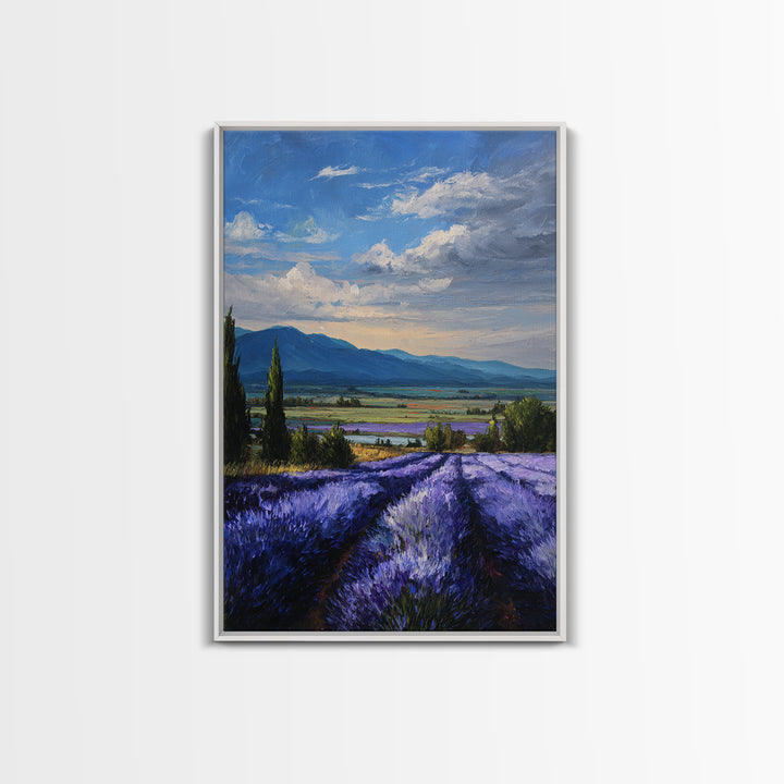 Lavender Field Leading to Distant Hills Framed Canvas Print, Landscape Art, Framed Wall Art, Living Room Decor, Oil Painting, LAN-2x3-90