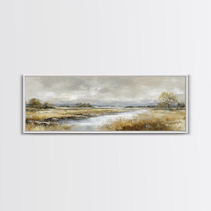 Moonlit River with Silver Reflections Canvas Print, Landscape Art, Living Room Decor, Oil Painting, Horizon, Modern Art, LAN-3x1-13