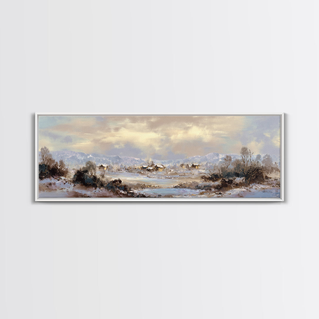 Snow Covered Alpine Village at Dusk Framed Canvas Print, Landscape Art, Room Decor, Living Room Decor, Fine Art, Horizon, LAN-3x1-23