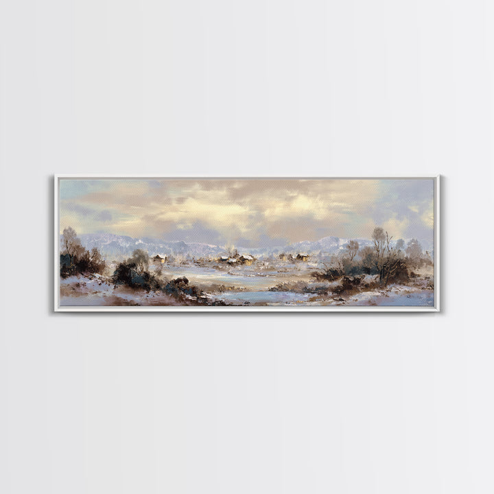 Snow Covered Alpine Village at Dusk Framed Canvas Print, Landscape Art, Room Decor, Living Room Decor, Fine Art, Horizon, LAN-3x1-23