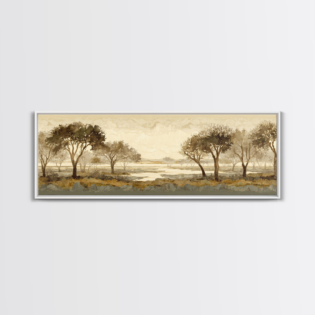 Wide Savanna with Acacia Silhouette Canvas Print, Landscape Art, Minimalist Decor, Living Room Decor, Oil Painting, Horizon, LAN-3x1-35