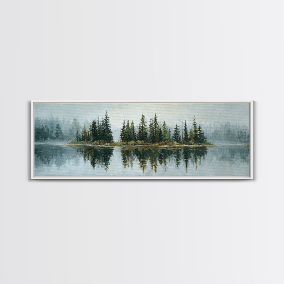 Quiet Lake Reflecting Pine Forest Framed Canvas Print, Landscape Art, Modern Decor, Living Room Decor, Fine Art, Horizon, LAN-3x1-44