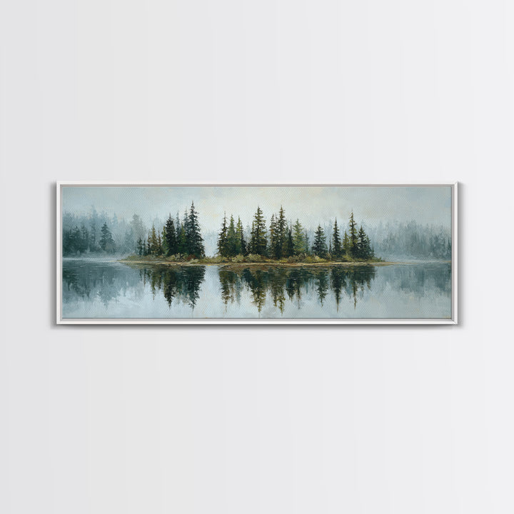 Quiet Lake Reflecting Pine Forest Framed Canvas Print, Landscape Art, Modern Decor, Living Room Decor, Fine Art, Horizon, LAN-3x1-44
