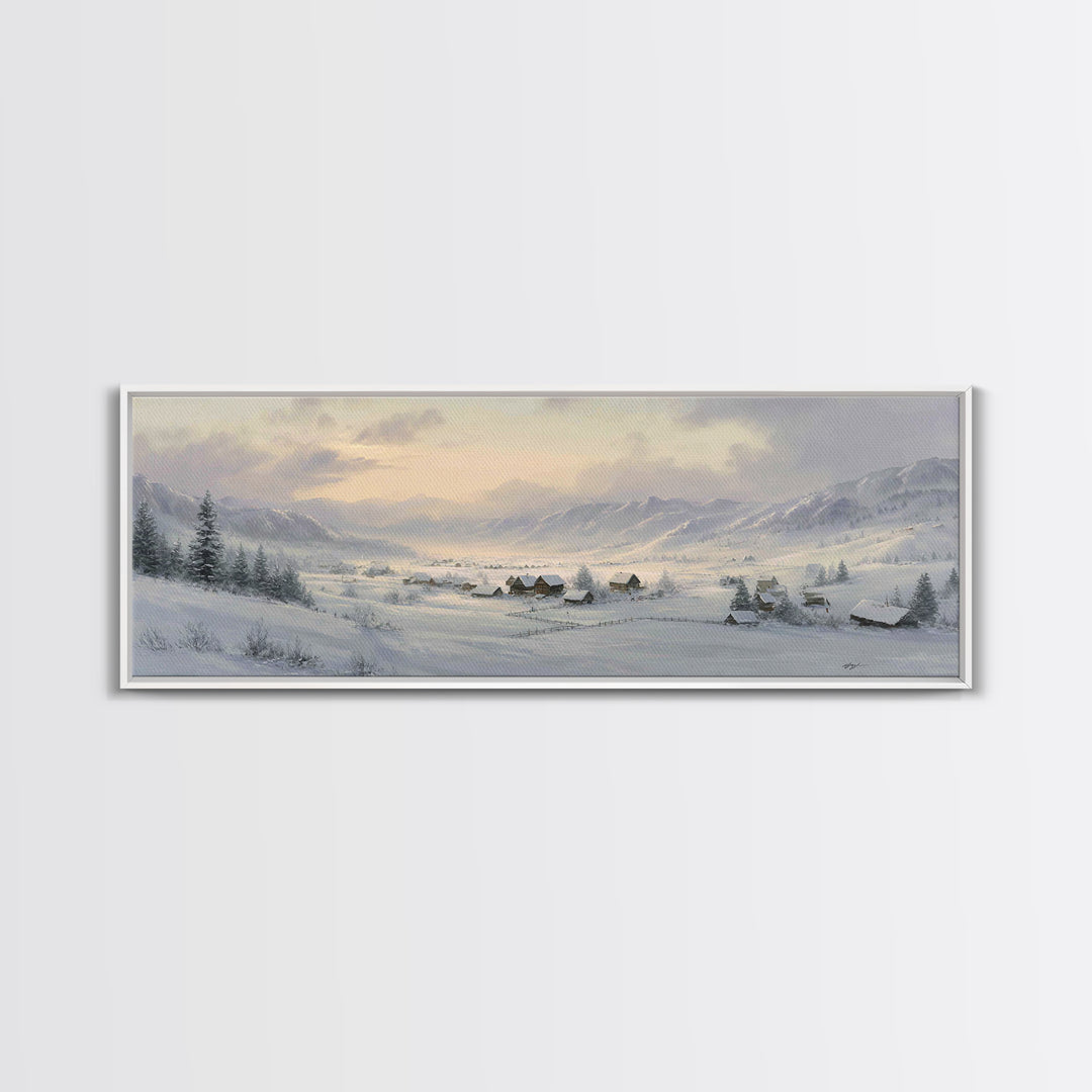 Snow Covered Alpine Village at Dusk Framed Canvas Print, Landscape Art, Digital Art, Living Room Decor, Fine Art, Horizon, LAN-3x1-47