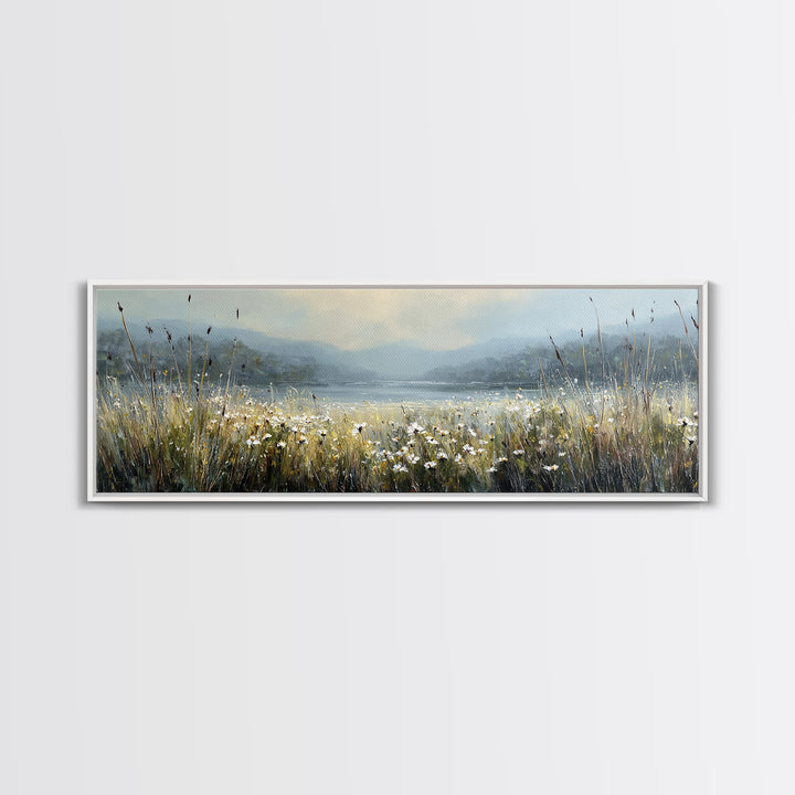 Sunlit Meadow with Wildflowers Framed Canvas Print, Landscape Art, Living Room Wall Art, Living Room Decor, Oil Painting, LAN-3x1-53