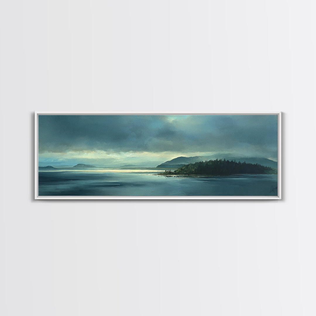Fjord Landscape with Icy Blue Water Framed Canvas Print, Landscape Art, Decor, Living Room Decor, Oil Painting, Horizon, LAN-3x1-55