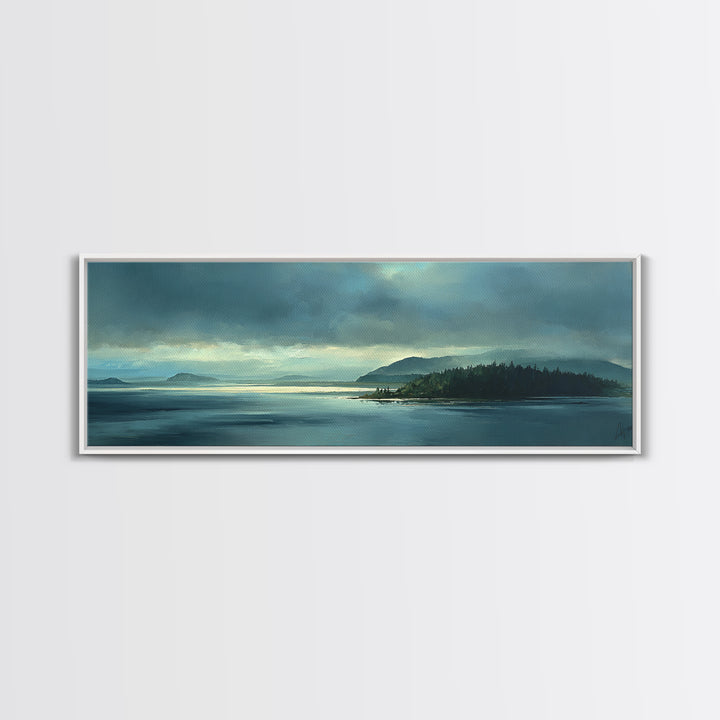 Fjord Landscape with Icy Blue Water Framed Canvas Print, Landscape Art, Decor, Living Room Decor, Oil Painting, Horizon, LAN-3x1-55