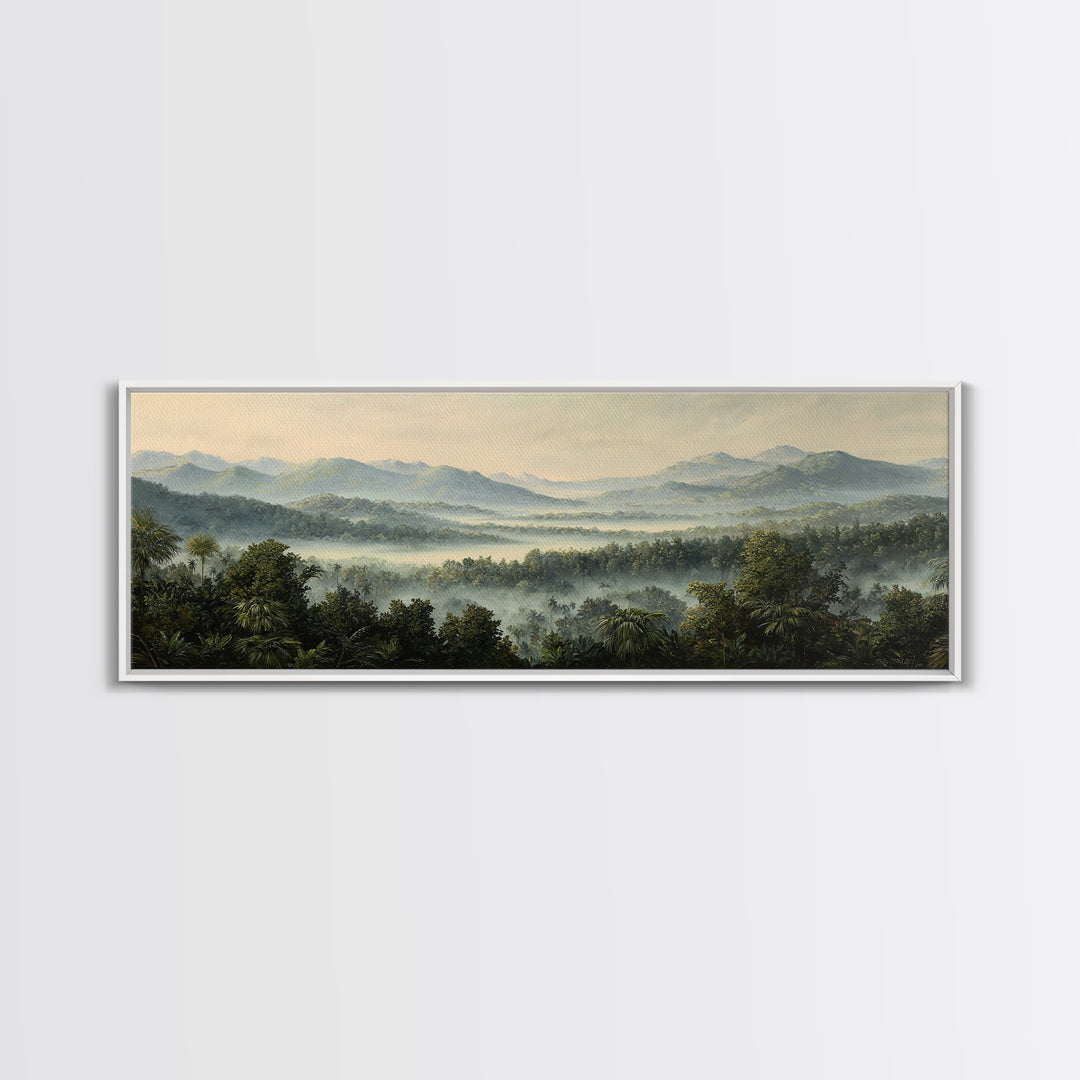 Tropical Jungle Waterfall Framed Canvas Print, Landscape Art, Minimalist Decor, Living Room Decor, Oil Painting, Horizon, LAN-3x1-56
