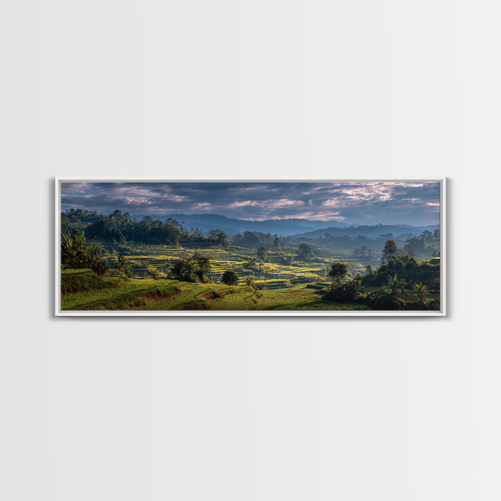 Rice Terraces Glowing Framed Canvas Print, Landscape Art, Living Room Decor, Oil Painting, Horizon, Modern Art, Gallery Decor, LAN-3x1-58