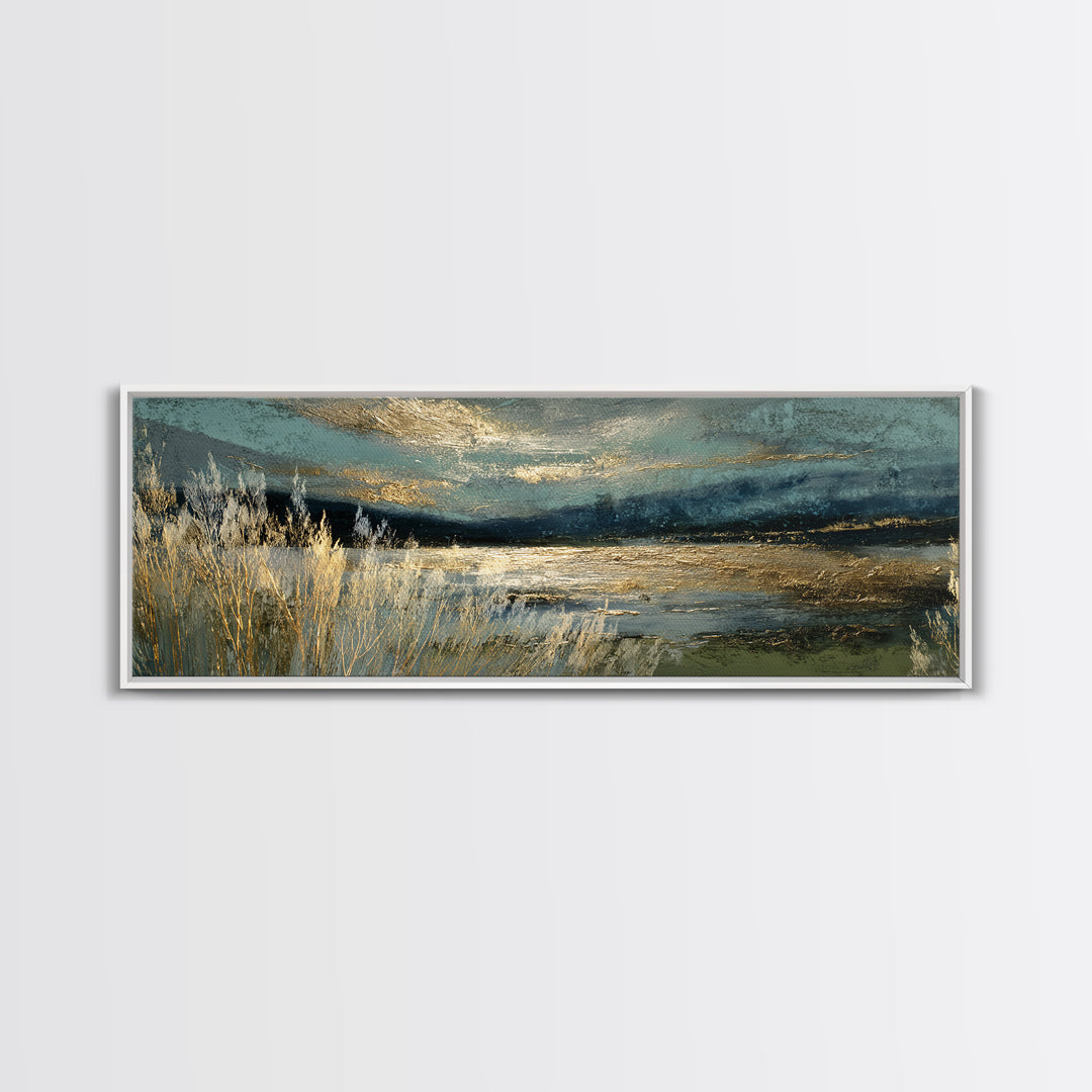 Moonlit River with Silver Reflections Canvas Print, Landscape Art, Floral Wall Art, Living Room Decor, Fine Art, Horizon, LAN-3x1-61