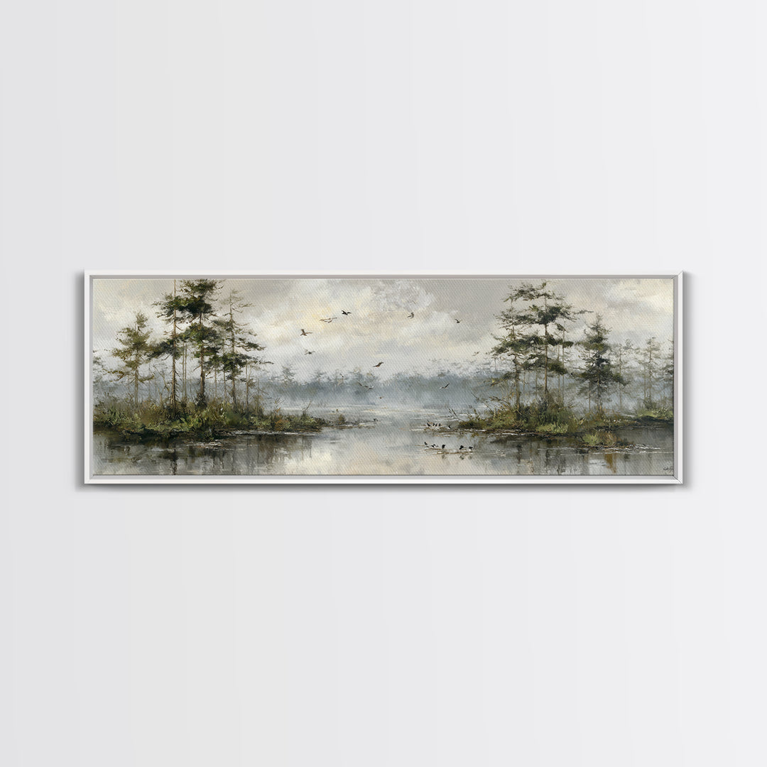 Misty Cypress Swamp Canvas Print, Landscape Art, Boho Decor, Living Room Decor, Fine Art, Horizon, Art Prints, Digital Art, LAN-3x1-62