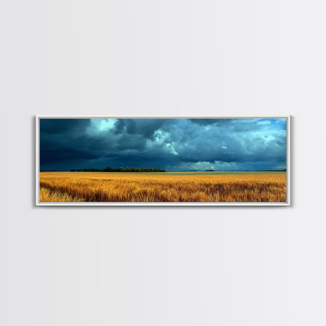 Golden Wheat Field Beneath Huge Clouds Framed Canvas Print, Landscape Art, Luxury Decor, Living Room Decor, Fine Art, Horizon, LAN-3x1-64