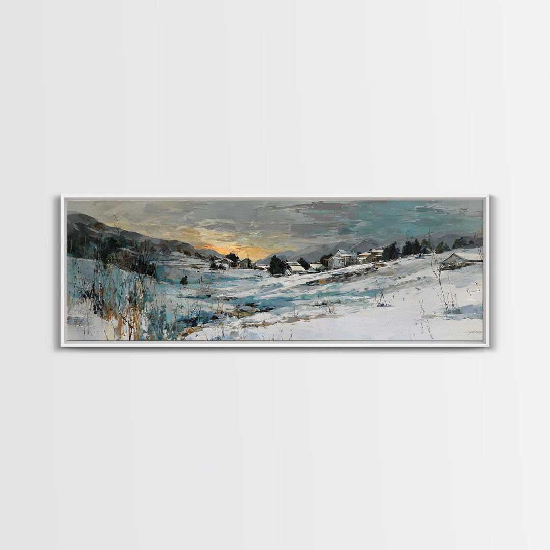 Snow Covered Alpine Village at Dusk Canvas Print, Landscape Art, Framed Wall Art, Living Room Decor, Oil Painting, Horizon, LAN-3x1-71