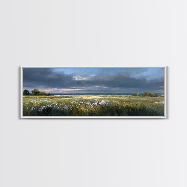 Sunlit Meadow with Wildflowers Framed Canvas Print, Landscape Art, Living Room Wall Art, Living Room Decor, Oil Painting, LAN-3x1-77