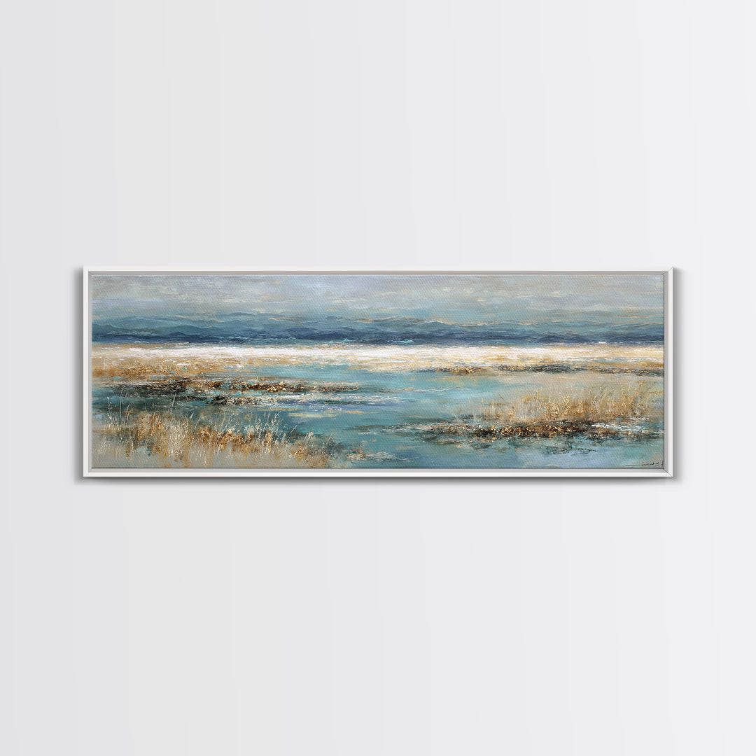 Fjord Landscape with Icy Blue Water Framed Canvas Print, Landscape Art, Digital Print, Living Room Decor, Fine Art, Horizon, LAN-3x1-79