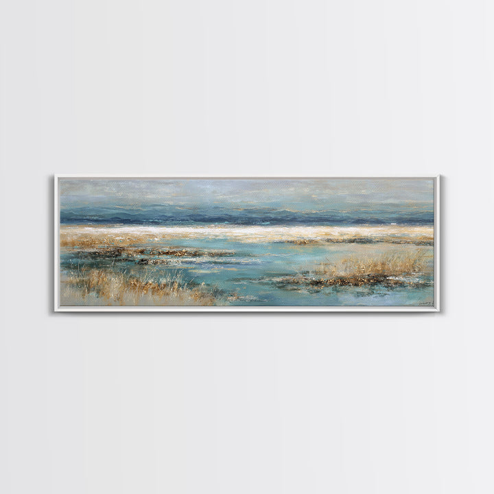 Fjord Landscape with Icy Blue Water Framed Canvas Print, Landscape Art, Digital Print, Living Room Decor, Fine Art, Horizon, LAN-3x1-79