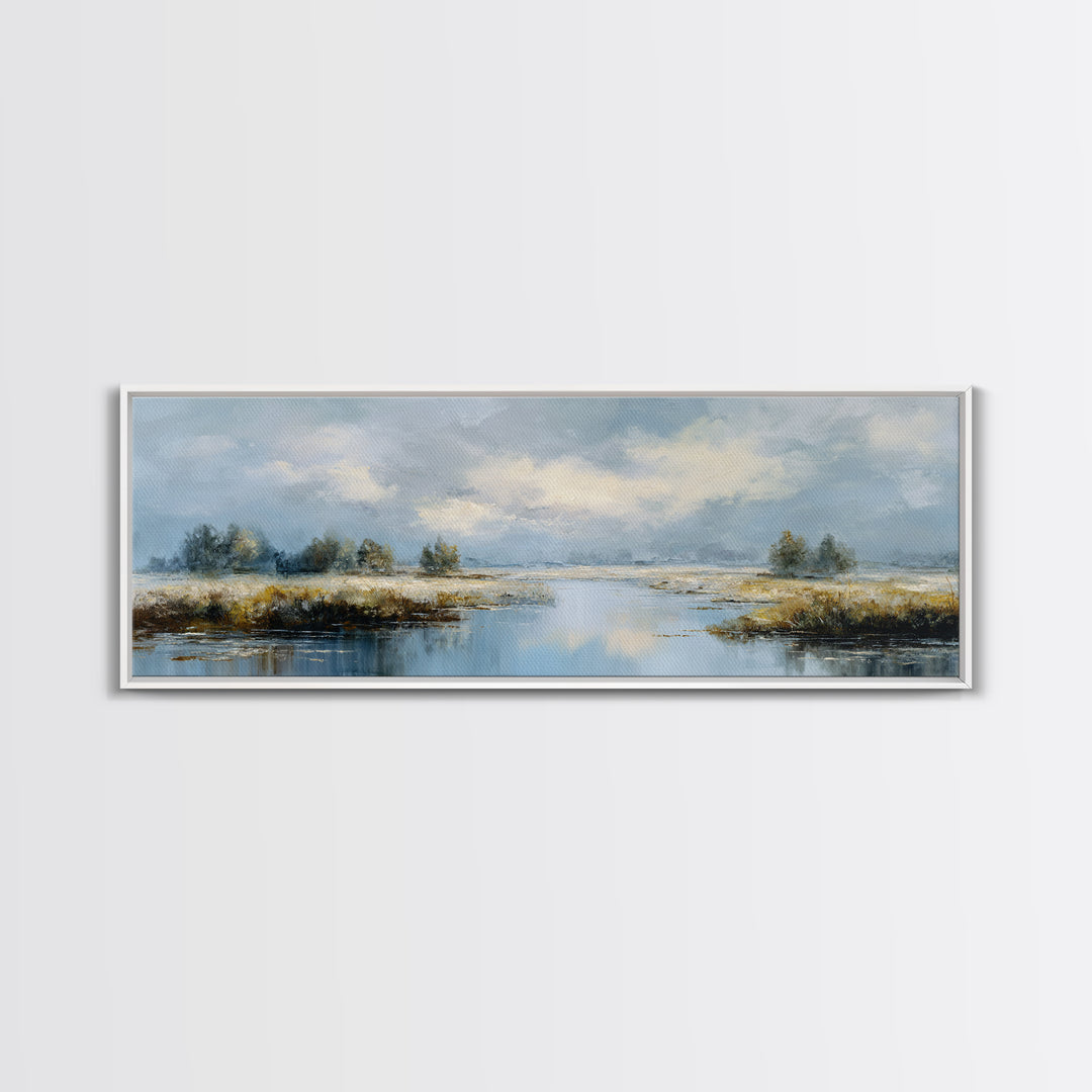 Moonlit River with Silver Reflections Canvas Print, Landscape Art, Floral Wall Art, Living Room Decor, Fine Art, Horizon, LAN-3x1-85