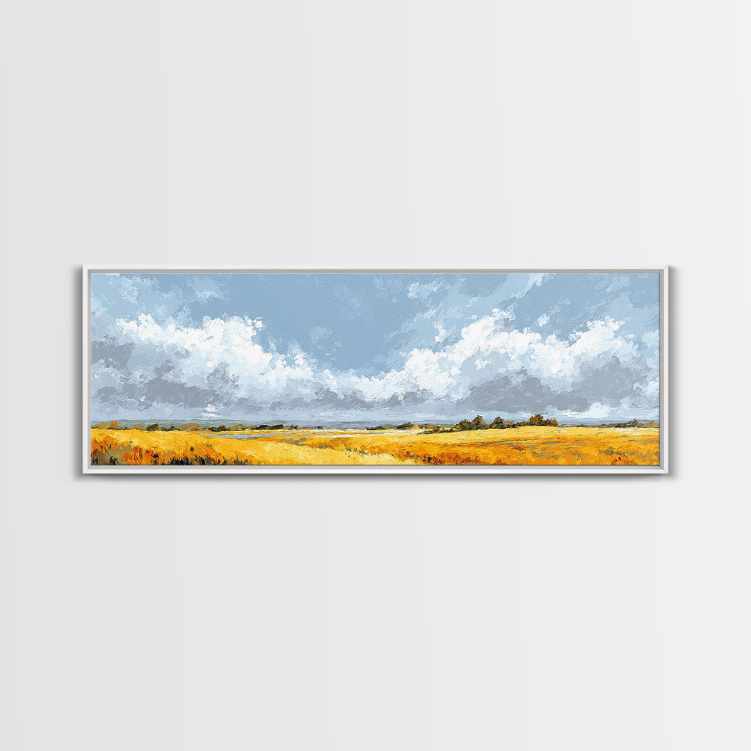 Golden Wheat Field Beneath Huge Clouds Canvas Print, Landscape Art, Wall Art, Living Room Decor, Horizon, Framed Wall Art, LAN-3x1-88