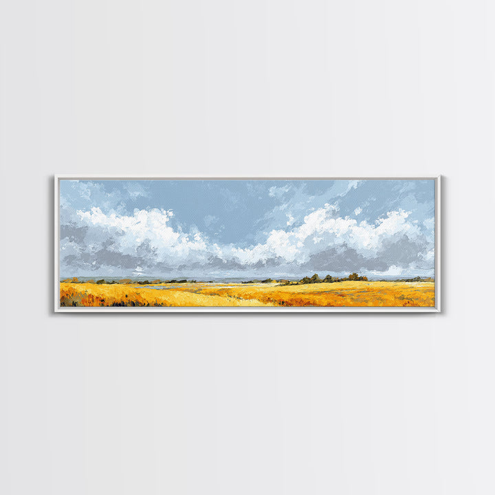 Golden Wheat Field Beneath Huge Clouds Canvas Print, Landscape Art, Wall Art, Living Room Decor, Horizon, Framed Wall Art, LAN-3x1-88